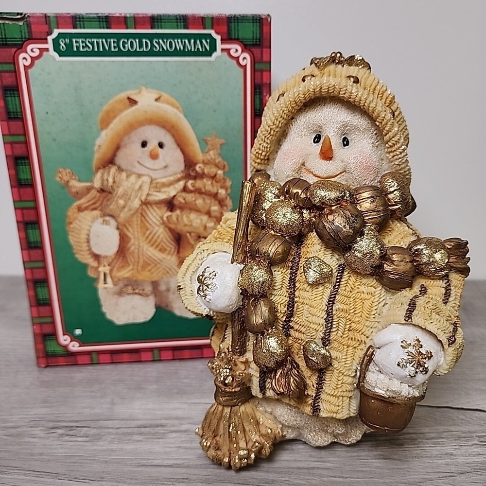 Vintage 2000 Joelson Ind. 8" Gold Sparkly Snowman Resin Festive Holiday Cheer